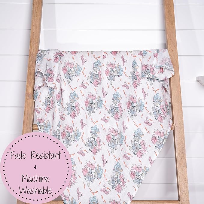LollyBanks Baby Blanket, 100% Cotton Muslin Swaddle for Baby Girls, Soft and Breathable 47 x 47 Inches Receiving Blanket, Lightweight Newborn Swaddle, Newborn Essentials Must Haves (Lotus Print)
