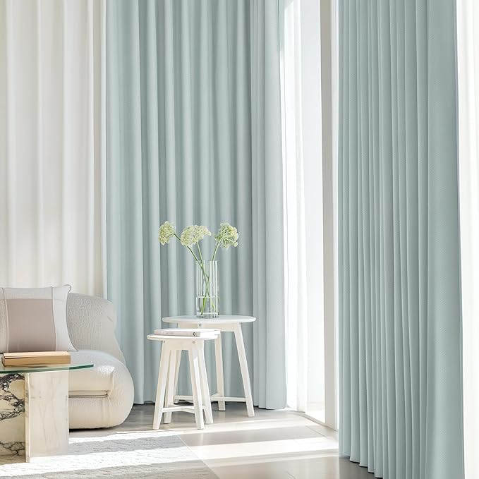FMFUNCTEX 100% Blackout Curtains for Bedroom, Mistleaf Curtains 63 Inches Long Textured Thermal Insulated Curtains for Living Room Drapes, Black Out Drapery Grommet Room Darkening 2 Panels