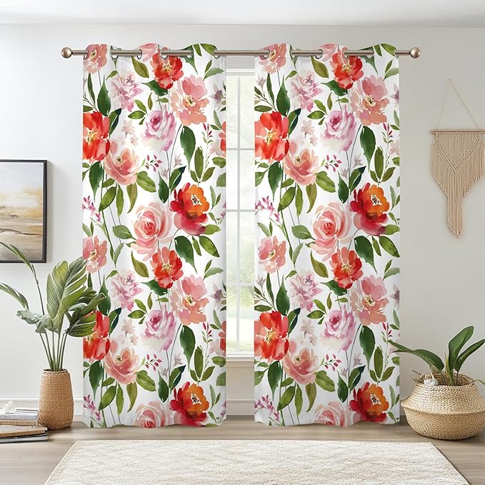 Renaiss Watercolor Flowers Curtains Rose Peony Floral Print Blackout Window Curtain Panels Thermal Insulated Grommet Top Window Curtains for Living Room Bedroom 53W x 63L Inch 2 Panel Set