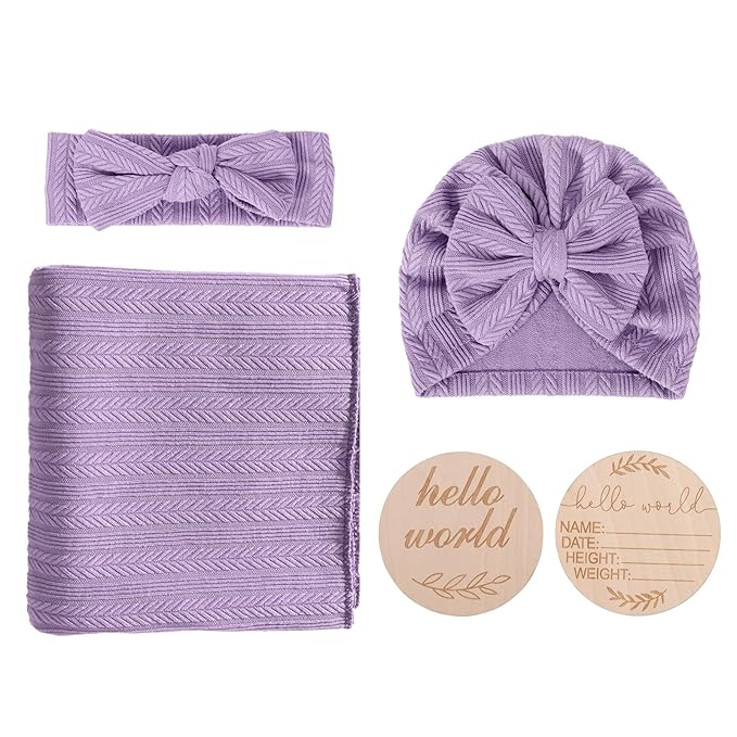 BQUBO Baby Swaddle Blankets for Girls, 4PCS Newborn Accessories Set with Matching Hat and Bow Headband with Hello World Wooden Birth Announcement Card, Baby Blankets for Girls (Purple)