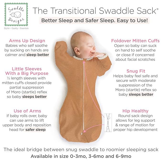 SwaddleDesigns Transitional Swaddle Sack, Arms Up Half-Length Sleeves & Mitten Cuffs,Swaddle for Newborn Transition to Baby Sleep Sack Wearable Blanket, Large, 6-9 Month, 21-24 lb, Heathered Butterum