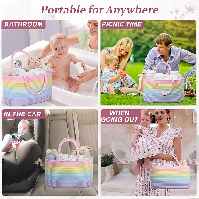 19L Baby Diaper Caddy Organizer, 16.8"x9.8"x9" Cotton Rope Diaper Basket, Changing Table Storage Caddy With Removable Divider, Baby Basket for Nursery, Car, Diapers, Baby Shower Gifts for Newborn