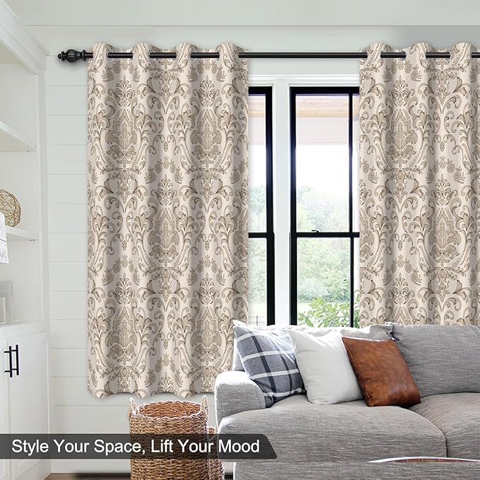 Beige Blackout Curtains for Bedroom and Living Room, Vintage Damask Patterned Black Out Curtains 63 Inch Long 2 Panels Set, Room Darkening Thermal Insulated Privacy Soundproof Window Drapes for Winter