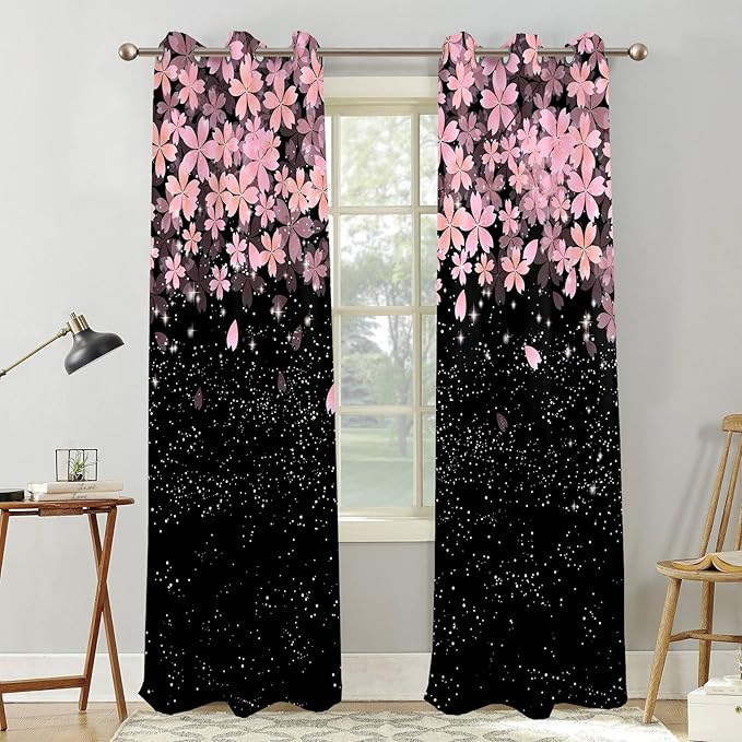 Renaiss Pink Cherry Patels Blackout Curtains, Japanese Cherry Flowers Thermal Insulated Bedroom Window Curtains, Black Floral Bossom Window Drapes for Living Room, 96" L x 53" W 2 Panel Set