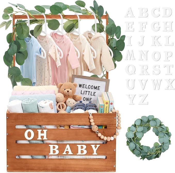 Barydat Wooden Baby Shower Crate Closet, Baby Basket with Handle, Personalized Basket Gifts, Easy Assembly Baskets for Newborn Boy Girl Welcome Gift for New Mom Parents(Brown)
