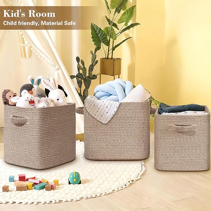 15×13 Inch Storage Cubes, 3 Pack Cube Storage Bins for Organizing, Cotton Rope Woven Baskets for Shelves, Bathroom, Kids Room, Closets, Baby Nursery