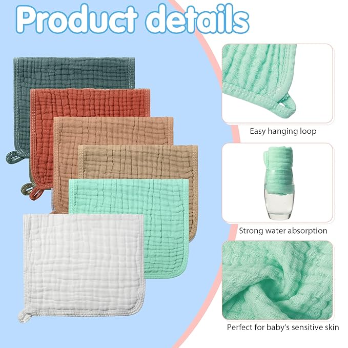 Hicarer 6 Count Muslin Burp Cloths Cotton Baby Burping Rags Large 20 x 10 Inch 6 Layers Spit up Rags Soft Absorbent Multicolor Wash Cloths Diapers for Newborn Baby Girl Boy(Cute Color Series)