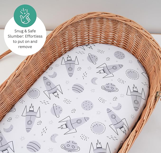 Bassinet Sheets for Baby Delight Snuggle Nest, Beside Me Doze, Snoo Smart, Fisher Price by TansyPanda, 3PC, 32 x 17 Inch, Ultra Soft, Breathable, Snug Fit, Unisex Boys, Girls (Space Rockets)