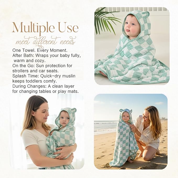 Ultra-Soft Muslin Toddler Hooded Towel - 55 x 28 Inches, Ideal for Bath & Beach, Suitable for Both Boys & Girls from Newborns to Toddlers Green Check