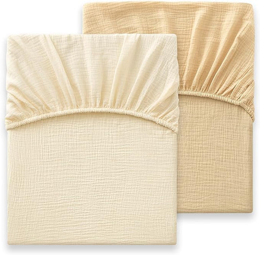 Heavyweight Muslin Baby Crib Sheets - 2PCS 52"x28" Neutral Fitted Crib Sheets for Boys Girls, Breathable Soft 100% Organic Cotton Standard Baby Mattress Sheet (Cream, Coffee)