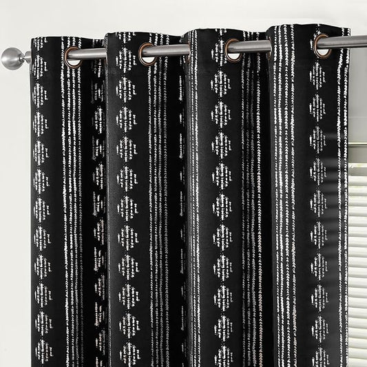 jinchan 95% Blackout Boho Curtains 84 Inches Long for Bedroom Living Room Silver Geometric Foil Printed Black Curtain Grommet Top Room Darkening Drapes Off White 52 x 84 2 Panels