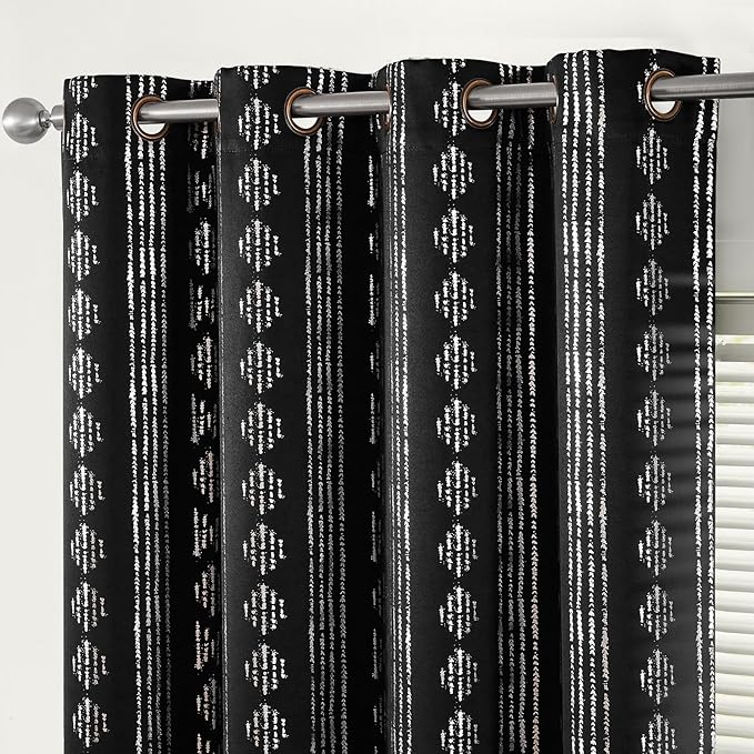 jinchan 95% Blackout Boho Curtains 63 Inches Long for Bedroom Living Room Silver Geometric Foil Printed Black Curtain Grommet Top Room Darkening Drapes Off White 52 x 63 2 Panels