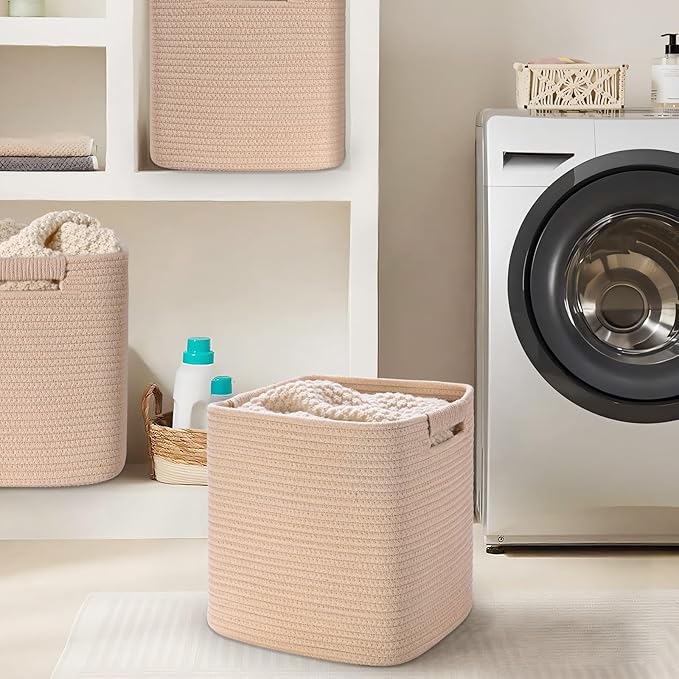 13 Inch Storage Cubes, 3 Pack Cube Storage Bins for Organizing, Cotton Rope Woven Baskets for Shelves, Bathroom, Kids Room, Closets, Baby Nursery