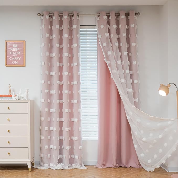 MYSKY HOME Pink Curtains for Bedroom 90 Inches Long Living Room Curtain with Pom Pom Sheer for Dining Room Grommet Double Layer Nursery Curtain Drapes Toddler Room Darkening Window Panels 52 x 90 in