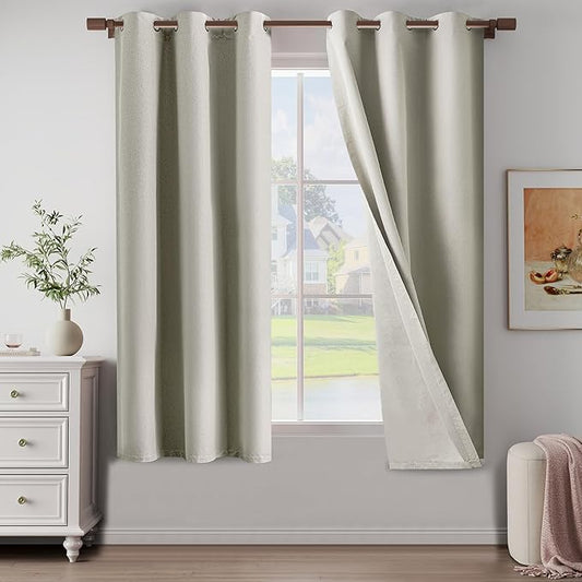 100% Blackout Linen Textured Curtains for Farmhouse, Cottage, Light Weight Curtains with Grommets Top, Full Blackout Curtains Privacy Protection, Natural Linen, 37" W x 64" L, 2 Panels