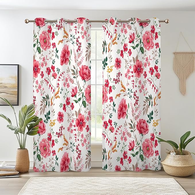 Renaiss Leaf Curtains Green Leaves Print Blackout Window Curtains for Bedroom Botanical Plants Grommet Top Room Darkening Window Drapes for Living Room 53W x 63L Inch Two Panel Set