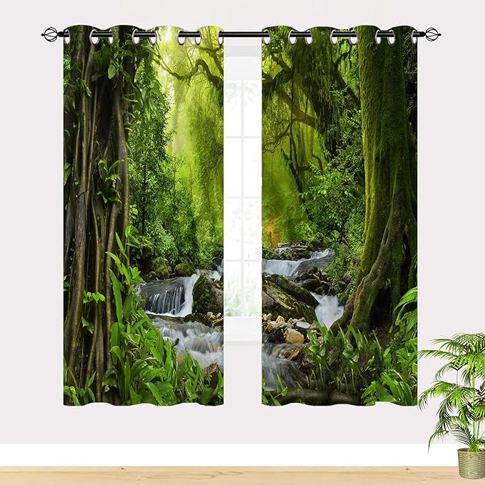 Forest Blackout Curtains W29.5 x L65 Inch Grommet Room Darkening Window Drapes Nature Tropical Jungle River Rainforest Waterfall Scenery Pattern for Bedroom Living Room Cafe Office 2 Panels