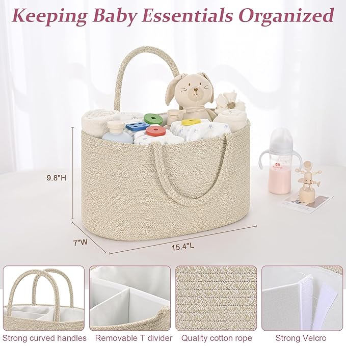 19L Baby Diaper Caddy Organizer, 16.8"x9.8"x9" Cotton Rope Diaper Basket, Changing Table Storage Caddy With Removable Divider, Baby Basket for Nursery, Car, Diapers, Baby Shower Gifts for Newborn