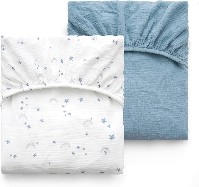 Momcozy Muslin Standard Fitted Crib Sheets, 52"x28", 2 Pack Soft Breathable Natural Cotton Baby Mattress Sheet, 360° Mattress Wrapping No Slip Boys Girls Neutral Toddler Bed Sheet, Blue Star Moon