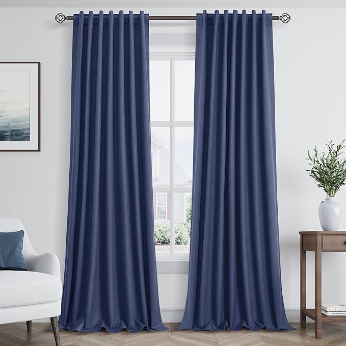Guken 100% Blackout Curtains 90 Inch Length 2 Panels Set for Living Room Bedroom Back Tab Thermal Insulated Black Out Linen Drapes Room Darkening Window Curtains 90 Inches Long,Classic Blue