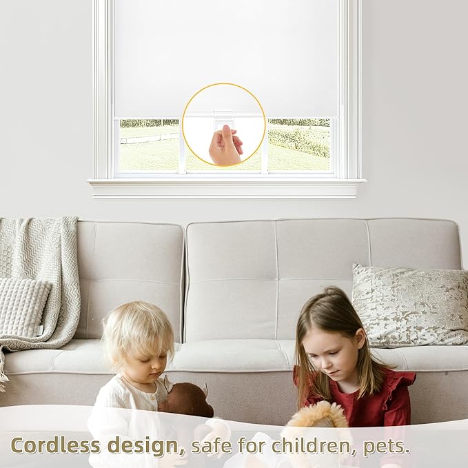 ChrisDowa Cordless Blackout Roller Shades for Windows, Thermal Insulated UV Protection Pull Down Shades, Total Blackout Window Blinds for Home, Office, Bedroom, Door (61" W x 72" H, White)