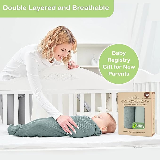 100% Organic Cotton Muslin Baby Blanket - 47 x 47 Inch Breathable Swaddle Blankets for Newborns, Hypoallergenic Double-Layer, Soft and Cozy Baby Blankets for Everyday Use (Green/Mint Green)