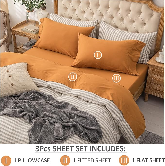 PURE ERA Jersey Knit 3pc Bed Sheet Set 100% T-Shirt Heather Cotton Super Soft Comfy Breathable Fits Mattress Up to 20" Extra Deep Pocket (Solid Burnt Orange, Twin)