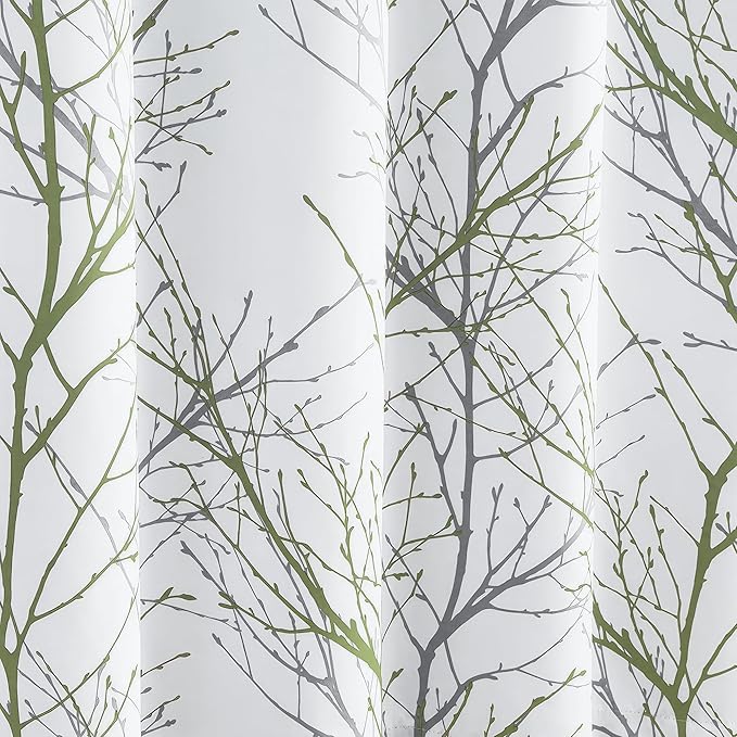 FMFUNCTEX 100% Blackout Patio Sliding Glass Door Curtains 96 Inch Long for Bedroom, Green Grey on White Tree Branch Patterned Drapes for Living Room Divider, Extra Wide Thermal Insulated Panels