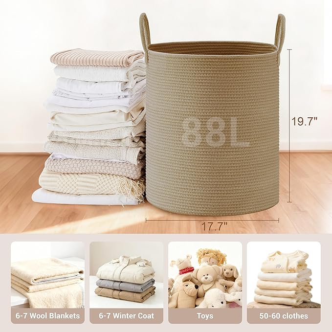 Tall Laundry Basket with Handles, 88L Portable Dirty Clothes Hamper, Boho Cotton Rope Storage Bin for Blankets Kids Toys Gifts, Large Organizer for Baby Nursery Bedroom Bathroom, Jute