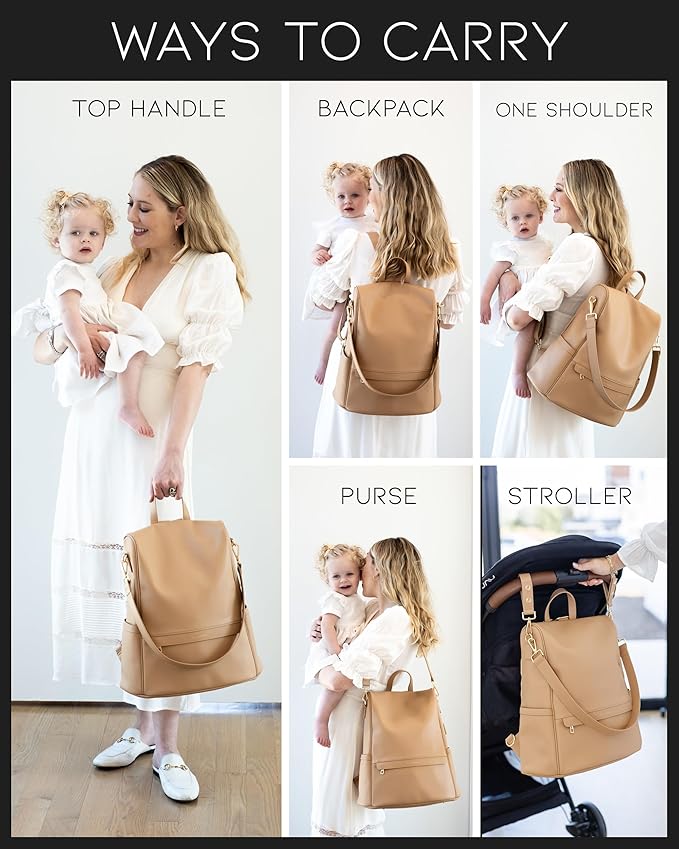 MIA + SOPHIA Leather Diaper Bag Backpack with USB Charging port, Changing Pad, Stroller Straps, and Bottle Holder (Brown Mia)