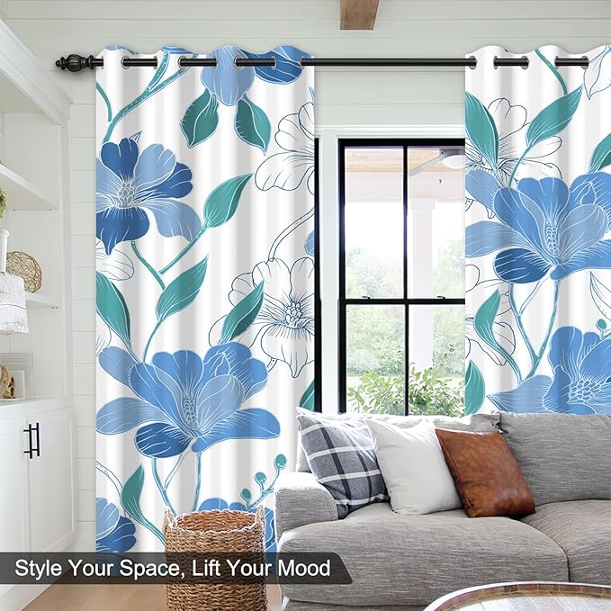 Blackout Curtains 84 inch Length 2 Panels Set, Blue Floral Printed Grommet Thermal Privacy Black Out Curtains for Bedroom with Black Liner, Light Filtering Window Curtains for Living Room and Nursery