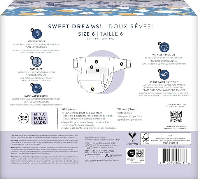 The Honest Company Comfort Dry Disposable Overnight Diapers for Sensitive Skin, Hypoallergenic, Baby Cozy Cloud and Star Signs Design Club Box Size 6 (35 lbs) 34 Count