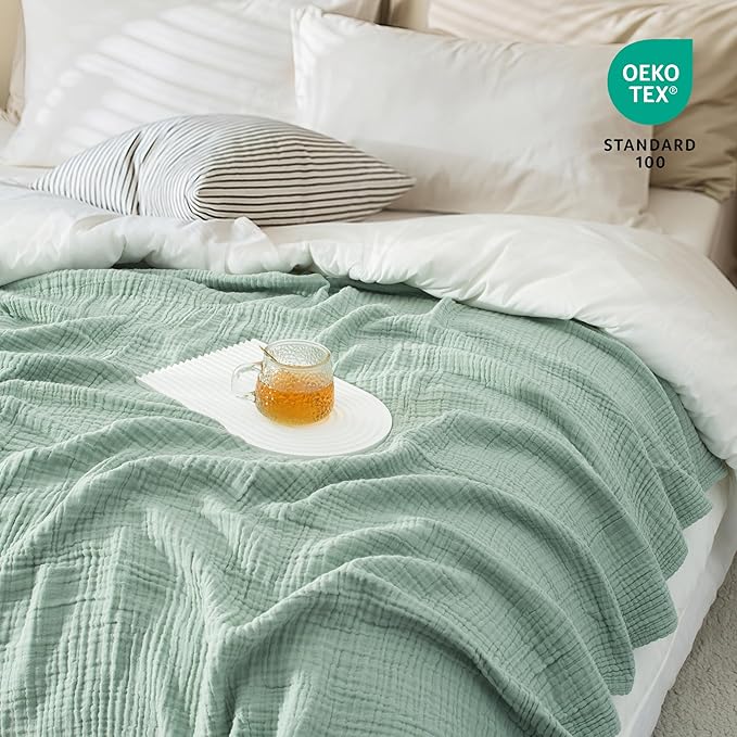 Carriediosa 100% Cotton Muslin Throw Blanket 66" X 90" Twin XL Size，4-Layers Summer Gauze Throws for Bed Couch，Soft Lightweight Breathable Linen Blankets Bedspread for Adults All Season，Sage Green