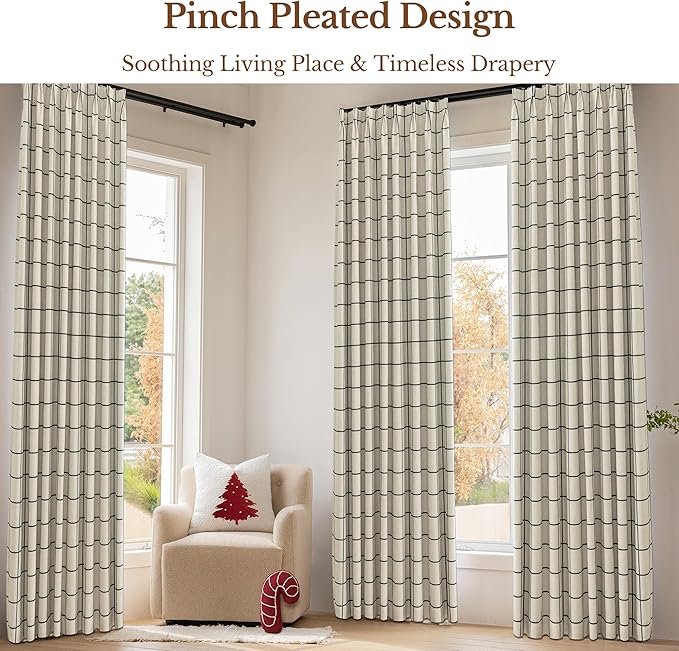 Plaid Pinch Pleated Curtains - Modern Luxury Linen Buffalo Blackout Drapes, Thermal Insulated Double Layer Window Panels for Living Room Bedroom, 120 Inches Long Black 2 Panels Set