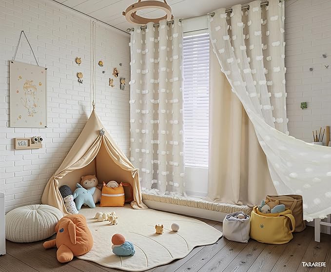 MYSKY HOME Beige Curtains for Living Room 95 Inches Long Nursery Curtains for Bedroom Double Layer Curtains White Pom Pom Sheer Curtains for Dining Room Grommet Room Darkening Window Panels W52 X L95