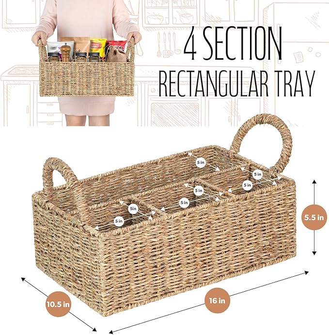 Wicker Divided Baskets with Handles, Seagrass Pantry Baskets, Storage Basket Woven Natural for Organizing Bathroom Kitchen Shelves Office Supplies Organization, Wicker Storage Baskets 4 Section.