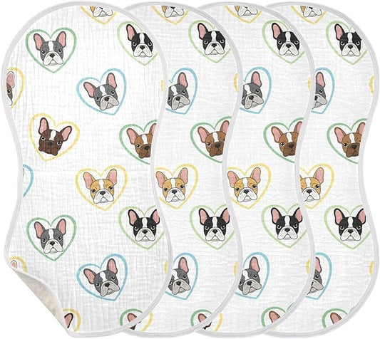 Qinllo 4 Pack Muslin Burp Cloths Bulldog Hearts White Cotton Baby Burp Cloths Ultra Absorbent Soft Thick Burping Cloth for Newborn Babies Boys Girls 22x11 Inch