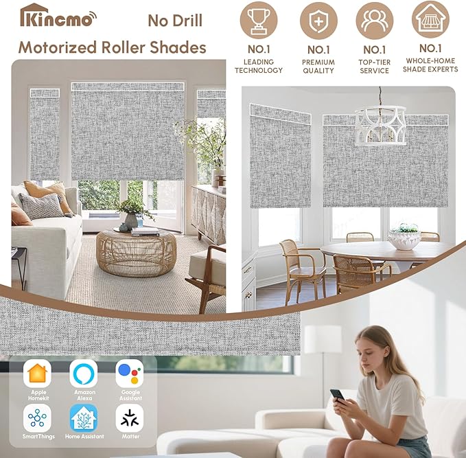Kincmo No Drill Motorized Blinds with Remote, 100% Blackout Roller Shades for Windows, Custom Electric Blinds Compatible with Alexa, Apple Homekit, Google Home (100% Blackout Mist Twilight)