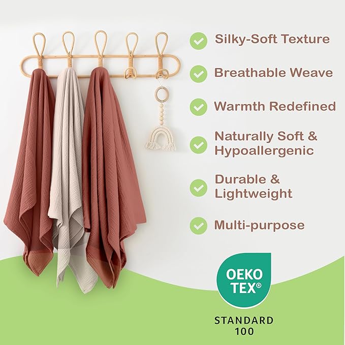 100% Organic Cotton Muslin Baby Blanket - 47 x 47 Inch Breathable Swaddle Blankets, Hypoallergenic Double-Layer, Soft and Cozy Newborn Baby Blanket for Sleeping and Everyday Use (Rust/Ivory)