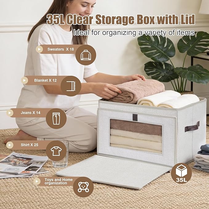 Magnetic Front Opening Fabric Storage Bins with Lids, 35L 2-Pack Beige Storage Box with Window for Closet, Shelf, Nursery, Living Room, 16.9x12.2x11.4in