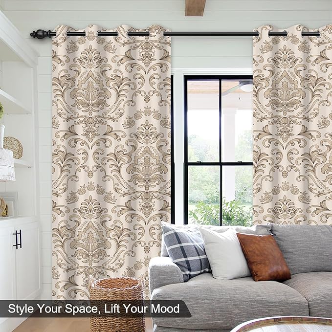 Bedroom Curtains 84 Inches Long, Blackout Curtains for Living Room Darkening, Vintage Damask Pattern Beige Curtain 2 Panels Set, Grommet Thermal Privacy Black Out Window Drapes for Bedroom Nursery