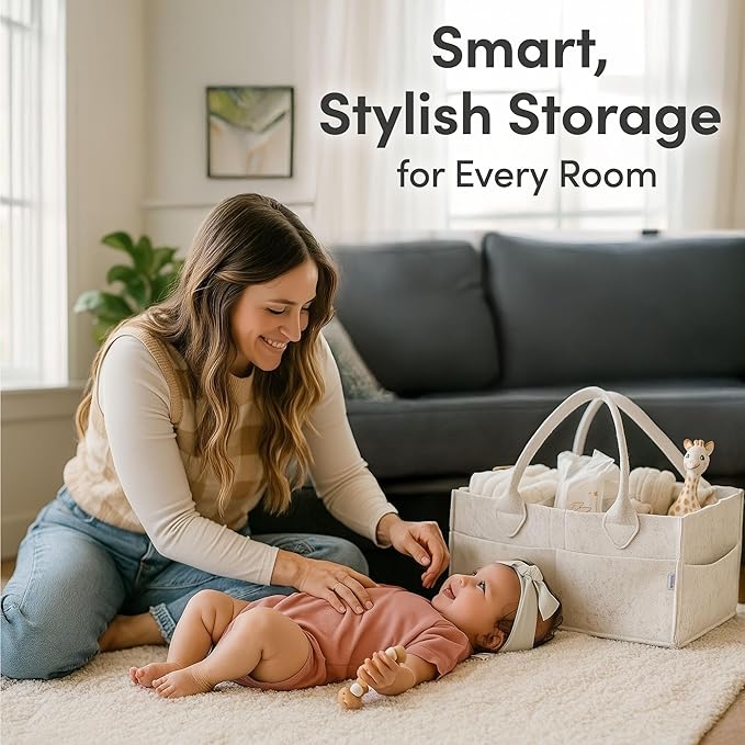PUTSKA Baby Diaper Caddy Organizer - Nursery Storage Basket for Diaper Station, Baby Basket Shower Gift List and Registry Must-Have, Newborn Essentials, Nursery Decor for Boy or Girl - White, Large
