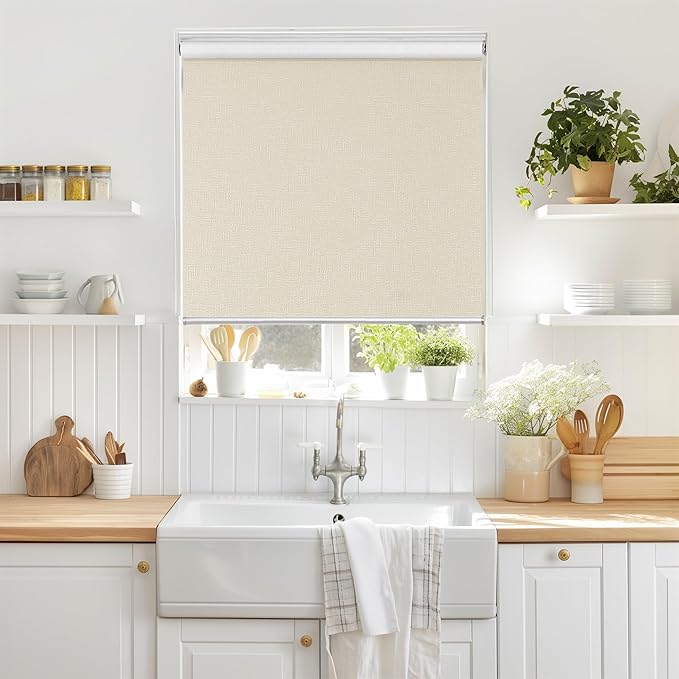 ChrisDowa Cordless 100% Blackout Roller Shade, with Striped Jacquard, Thermal Insulated, UV Protection Fabric, Total Blackout Blinds for Window, French Doors, Home and Office. Beige, 57" W x 72" H