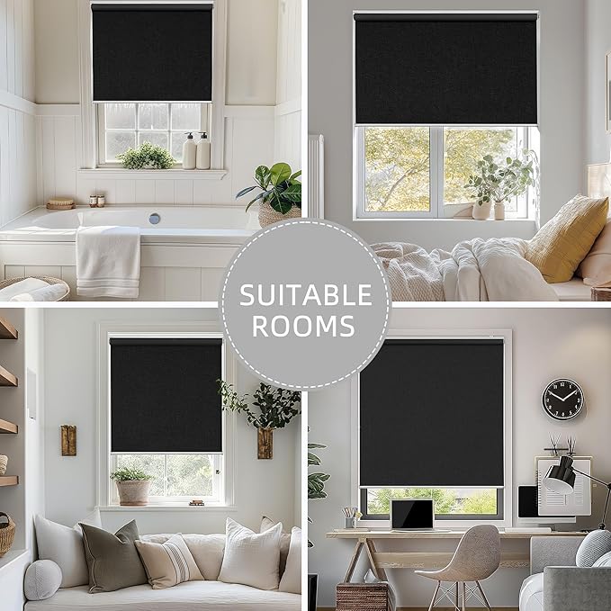 ChrisDowa Cordless Blackout Roller Shade with Spring System Room Darkening UV Protection Jacquard Fabric Blackout Blinds for Indoor Window Shades Pull Down for Home and Office, Black, 51" W x 72" H