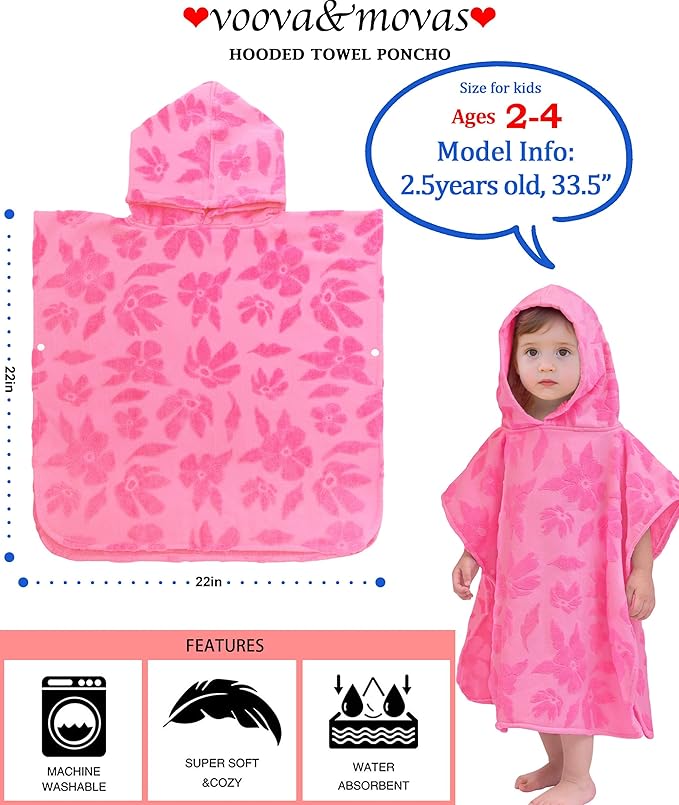 Toddler Bath Towels with Hood, Oversized (2-4Years,22"X22") Made from 100% Soft Cotton,Absorbent Hooded Poncho Towel for Baby Girl,Perfect for Pool | Swimming | Bath | Beach,Jacquard Hot Pink Flower