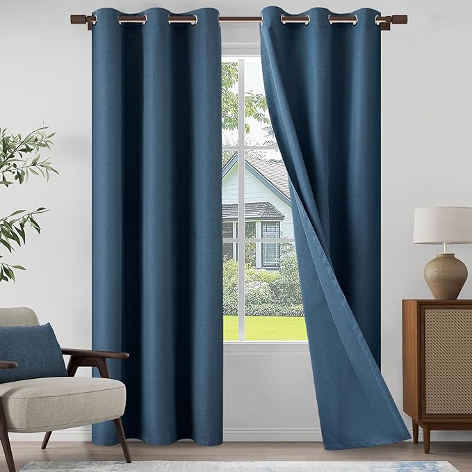 Dark Blue 100% Blackout Linen Textured Curtains for Living Room, Bedroom, Light Weight Curtains with Grommets Top, Full Blackout Curtains Privacy Protection, Dark Blue, 37" W x 84" L, 2 Panels