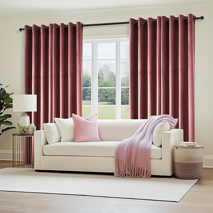 Topfinel Dusty Rose Velvet Blackout Curtains 84 Inches Long,Rose Pink Room Darkening Insulated Valentines Grommet Cute Girls Nursery Aesthetic Soundproof Curtains for Living Room Bedroom 7 FT