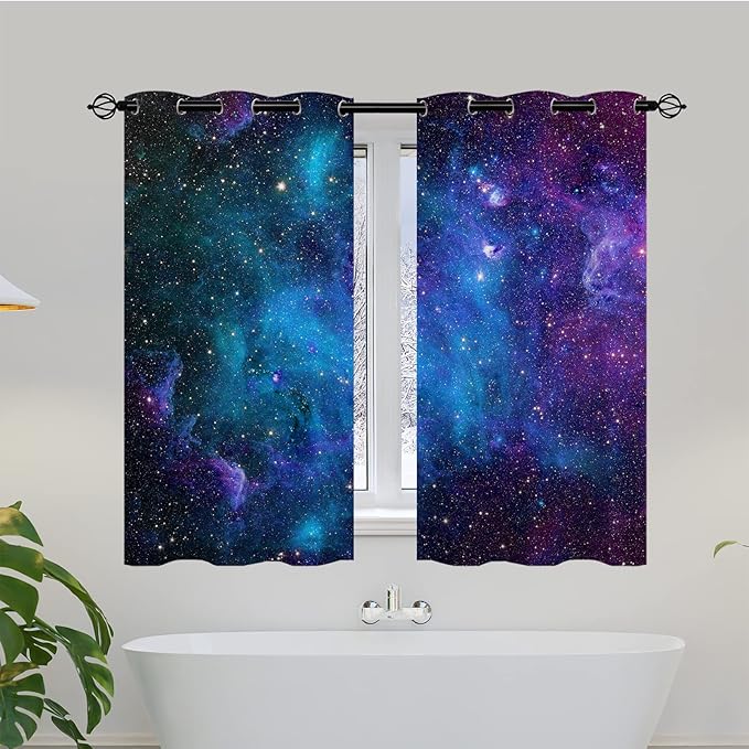 Kids Galaxy Curtains W27.5 x L39 Inch Grommet Thermal Insulated Blackout Window Drapes Space Blue Nebula Star Planet Universe Constellation Starry Print Pattern for Boys Girls Bedroom 2 Panels