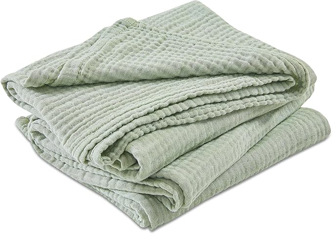 EMME Cotton Muslin Queen Blanket Bed Layering Bedspread Coverlet Breathable Gauze Soft Lightweight Blankets Adults (Heather Sage Green, 90"x90")