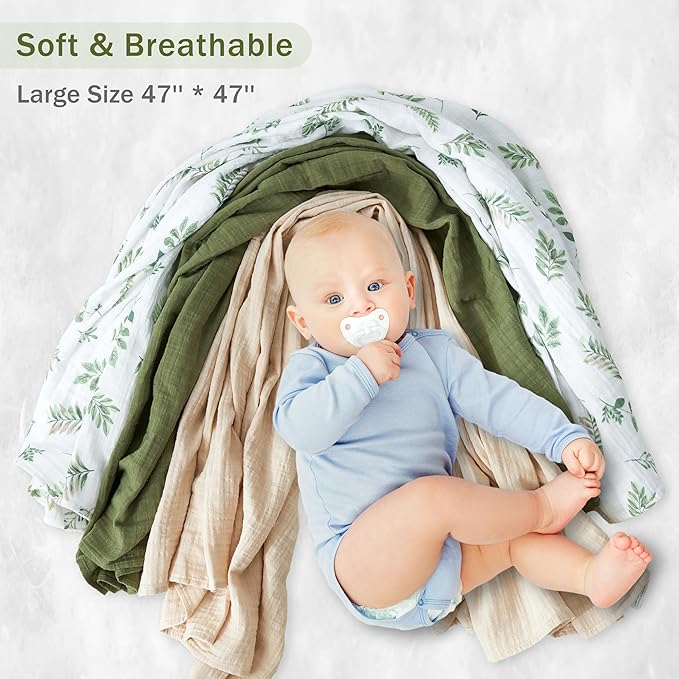 3-Pack 100% Cotton Muslin Swaddle Blankets, Large 47 x 47 Inches — Breathable Soft Receiving Blankets for Newborns, Swaddling Wraps, Registry Gift (Leafy Green Nature)